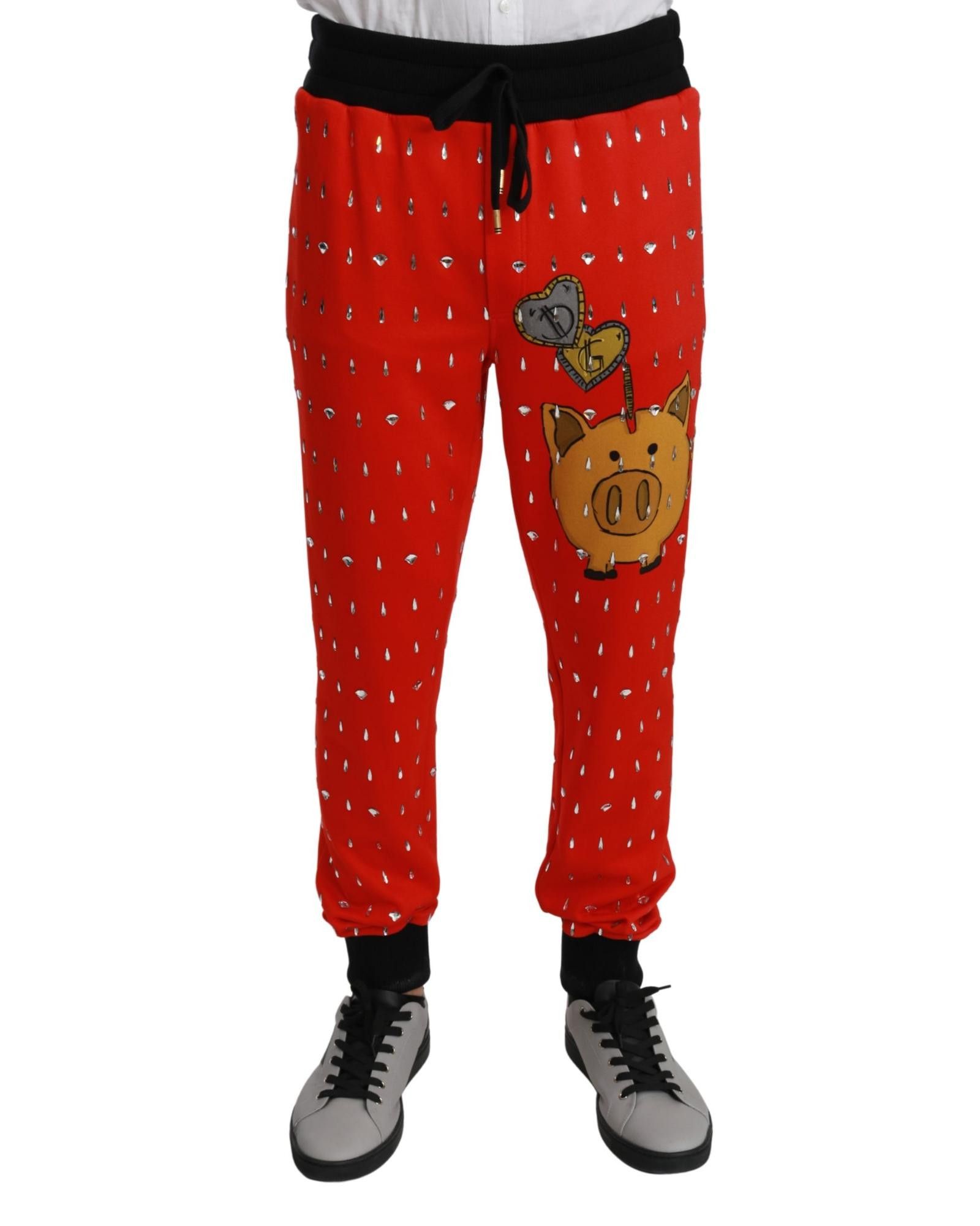 image of Dolce Gabbana Piggy Bank Crystal Trousers in Red, Men's (Size 32)
