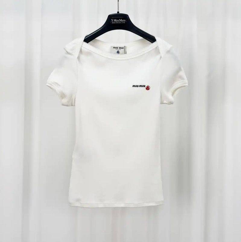 Miu Miu Miu Miu White Cotton Embroidered Logo T-shirt 0089 Size S / US 4 / IT 40 - 1 Thumbnail