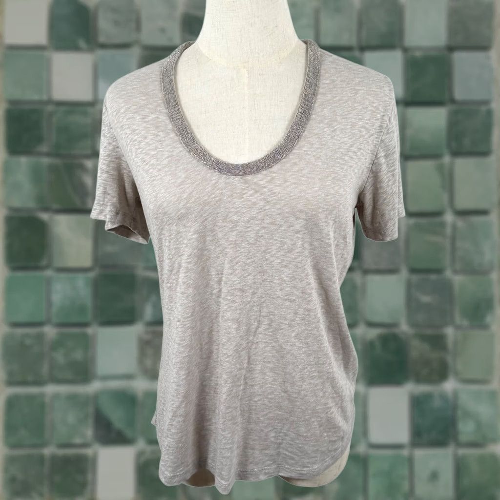 J.Crew J.Crew Womens M Tee Oatmeal Heather Beaded Scoop Neck C2721 SS Retro Neutral GUC Size M / US 6-8 / IT 42-44 - 1 Thumbnail
