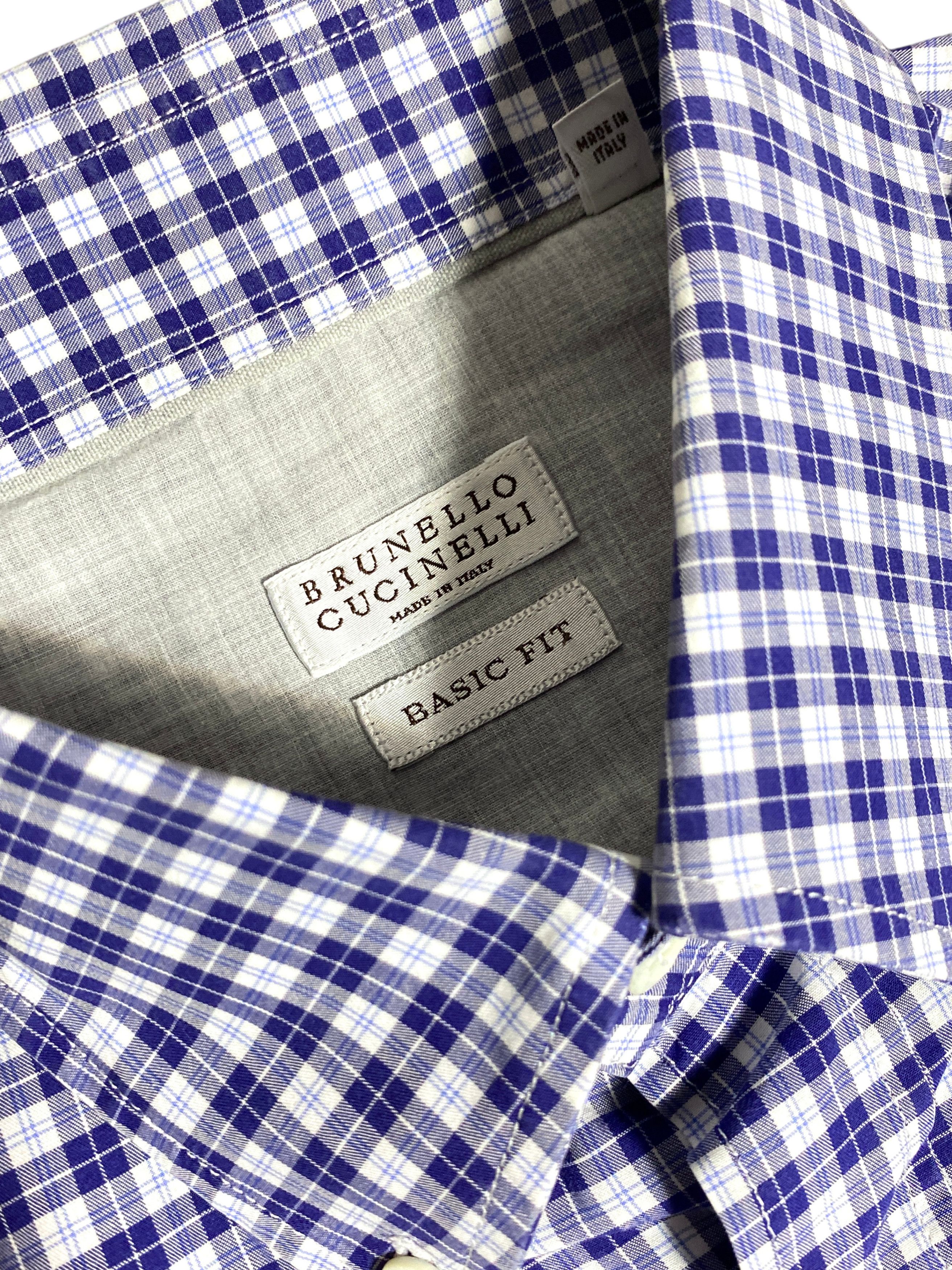 Brunello Cucinelli Brunello Cucinelli Blue White Check Cotton Dress Basic Shirt Size US L / EU 52-54 / 3 - 9 Thumbnail