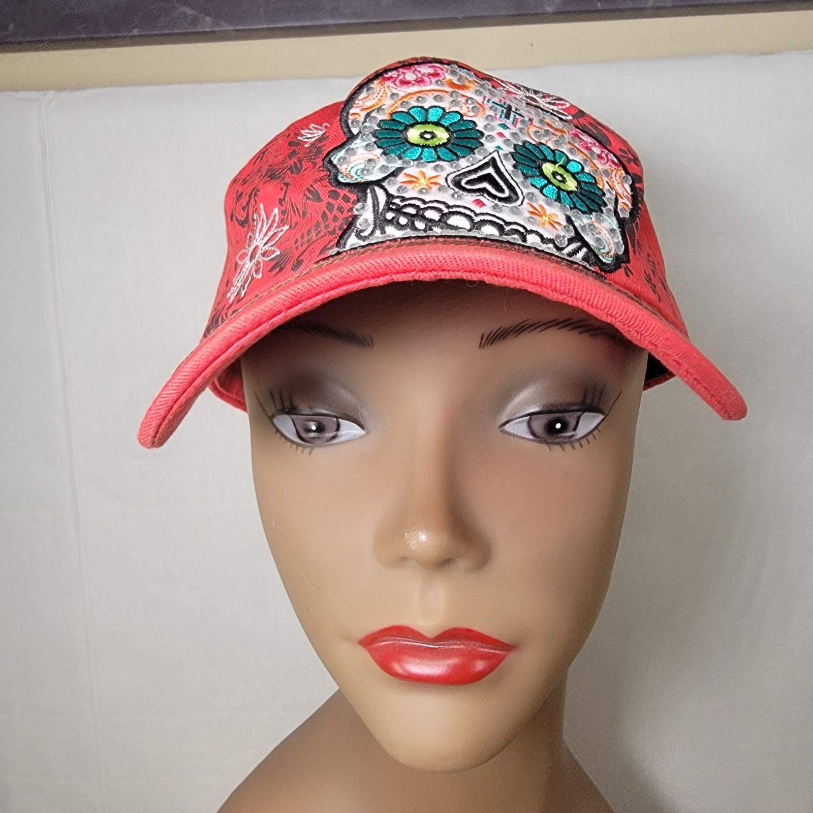 Other Día de los Muertos Bling Sugar Skull Adjustable Red Ball Cap Size ONE SIZE - 2 Thumbnail