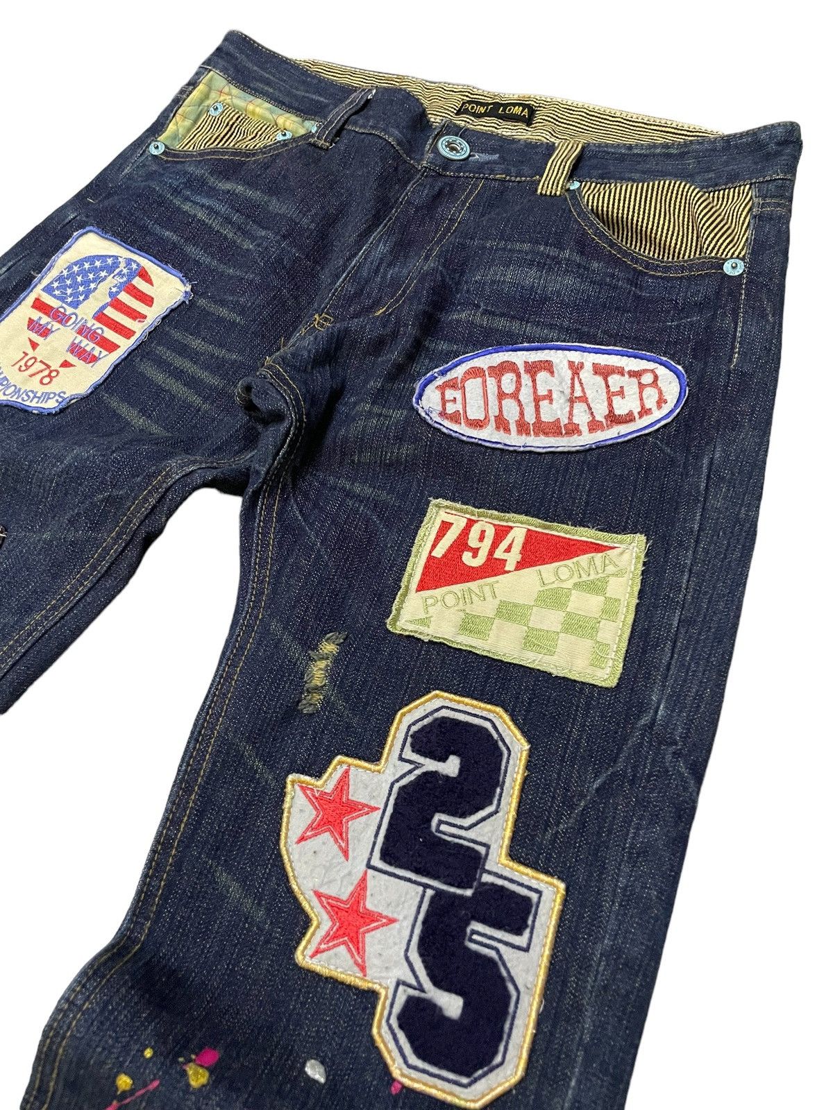 Point Loma Japan Patched Distressed Paint Splatter Jeans