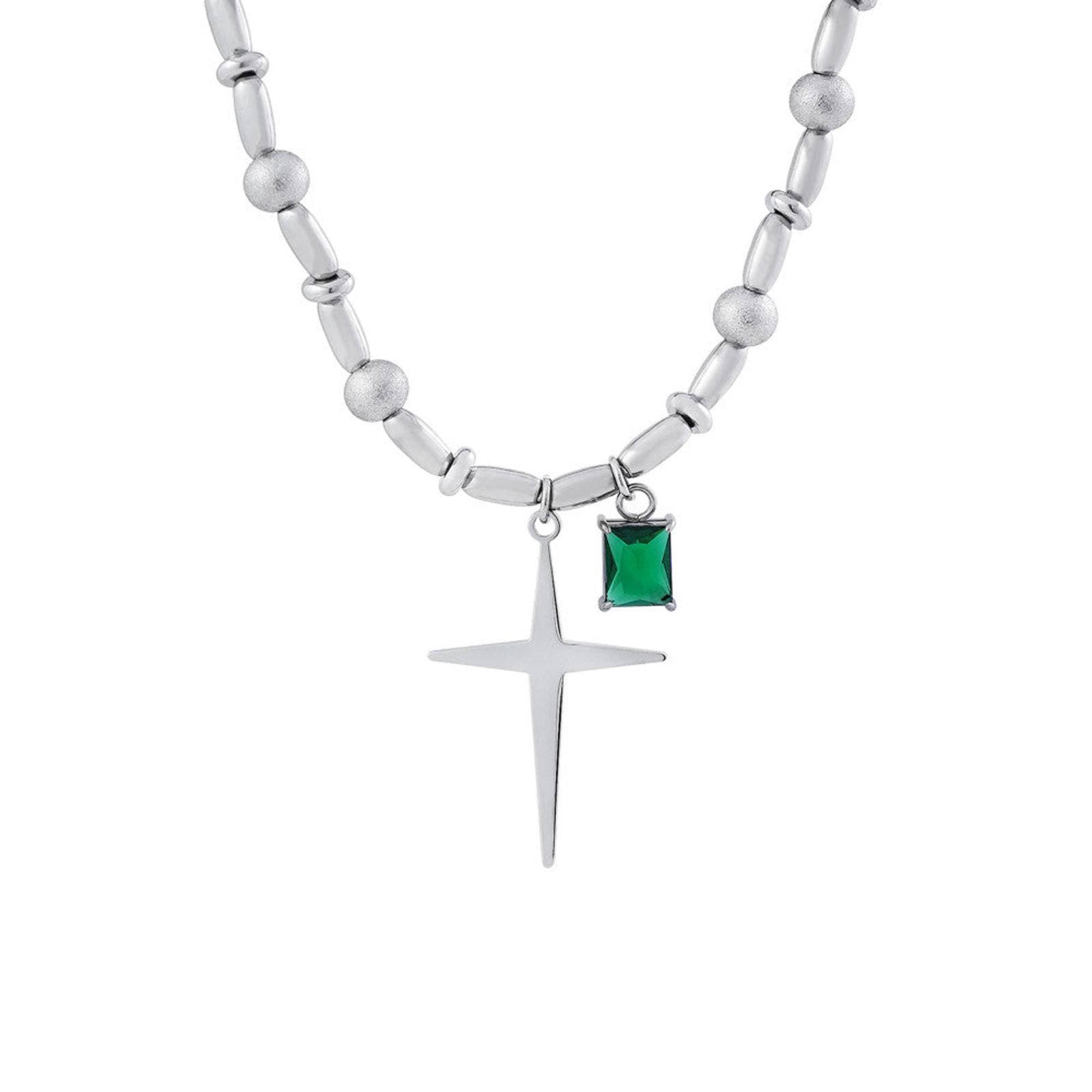 Jewelry Silver Cross Necklace with Green Charm Size ONE SIZE - 5 Thumbnail