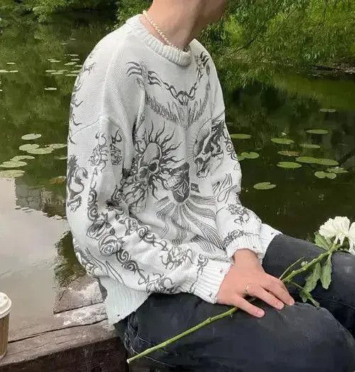 Aran Isles Knitwear Grunge y2k goth skull tribal print knit White sweater Size US L / EU 52-54 / 3 - 2 Thumbnail