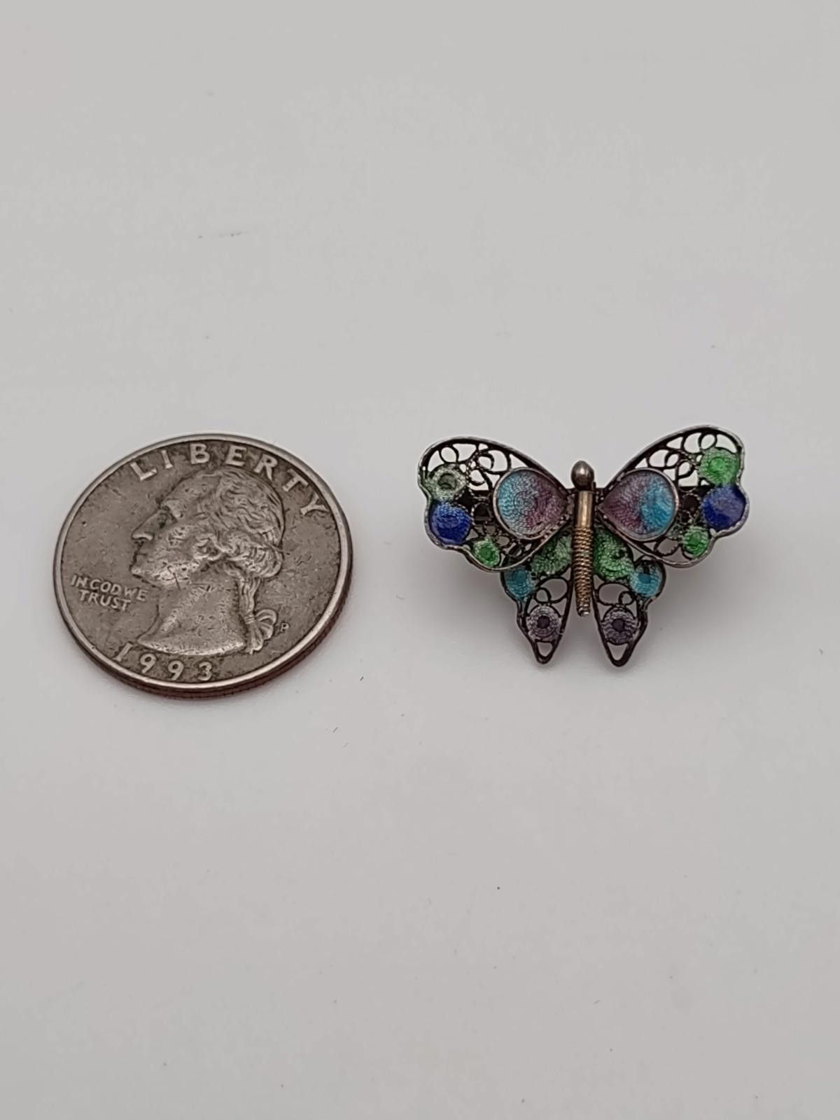 The Unbranded Brand Antique 800 Silver Filigree Enamel Butterfly Brooch Pin 2.7g Size ONE SIZE - 3 Thumbnail