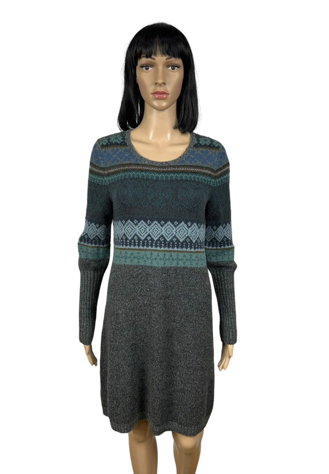 image of Designer Peruvian Connection Knit Dress Geometric Pattern Dress Sizem in Grey, Women's (Size Medium