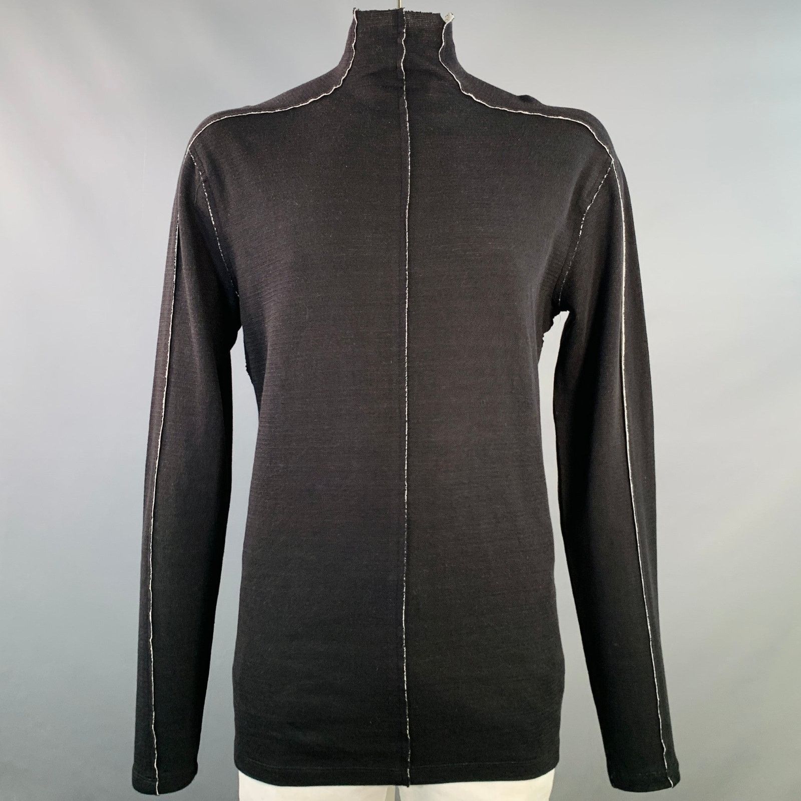 White Cotton Blend Raw Edge Reverse Seam Turtleneck Pullover