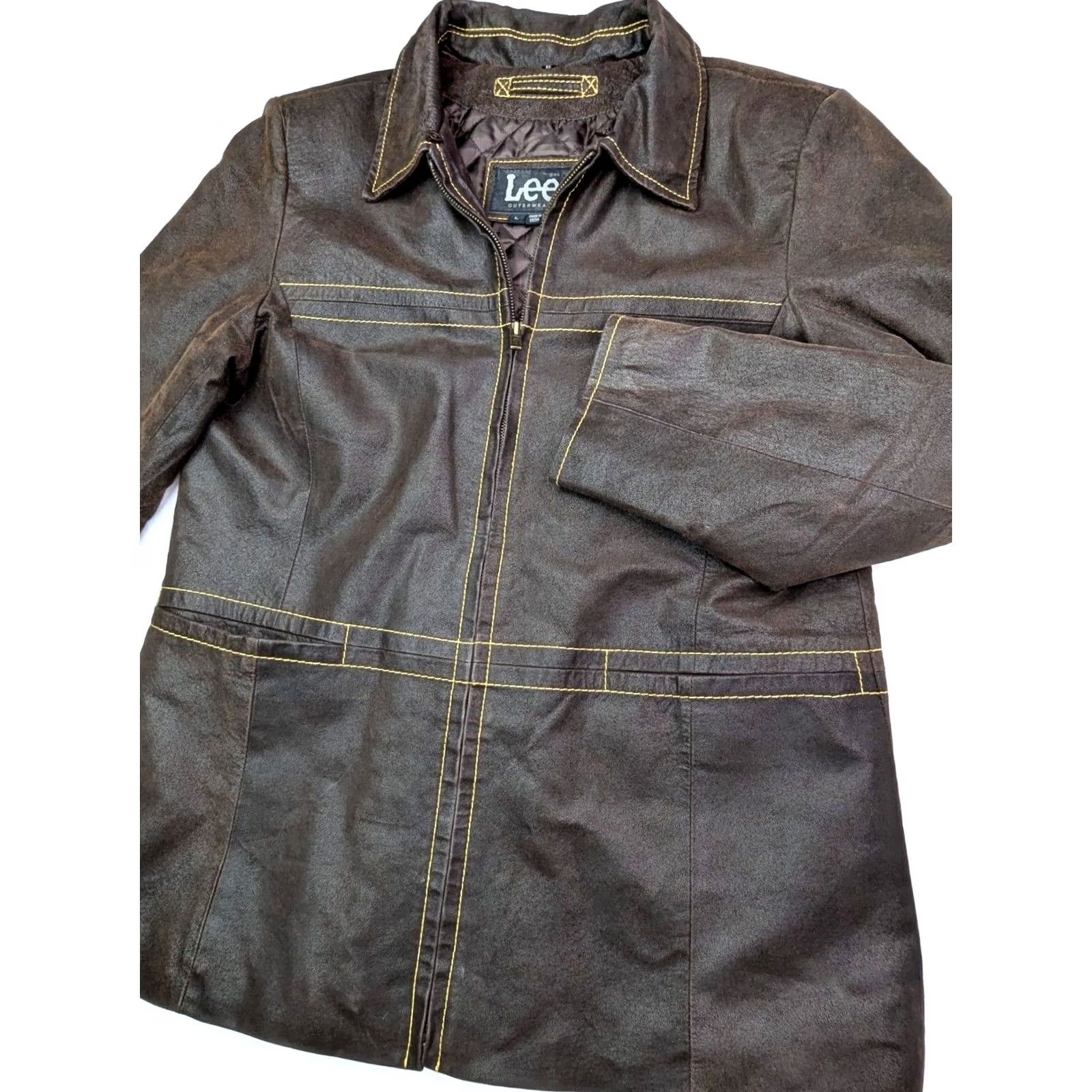 Lee VINTAGE Lee Leather Quilt Lined Jacket Womens L Brown Yellow Accent EUC Jacket Size L / US 10 / IT 46 - 2 Thumbnail