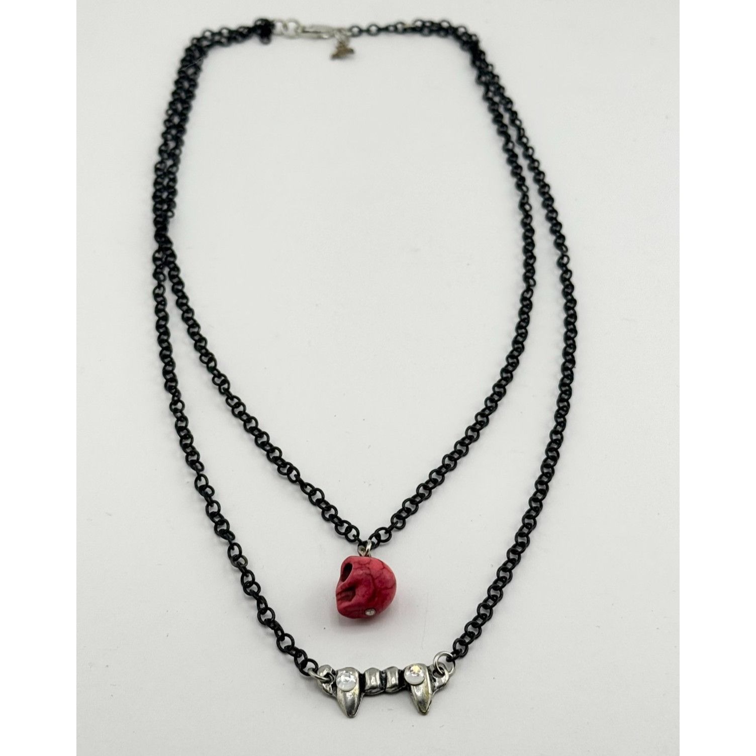 Vintage Pink Howlite stone skull rhinestone fangs double chain Hallo ...