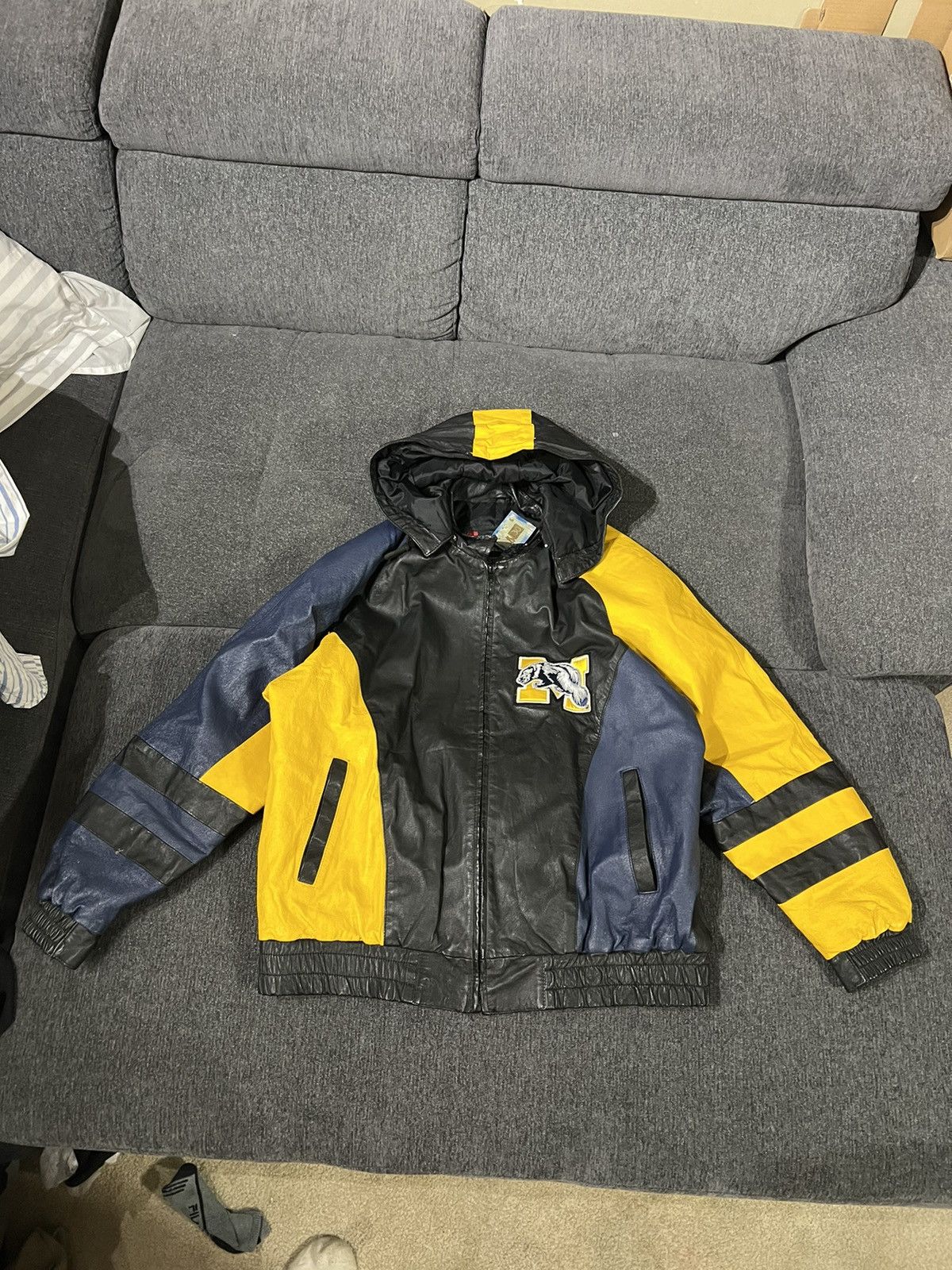 Image of Leather Jacket x NCAA Vintage NCAA Michigan Wolverines Leather Hooded Jacket in Blue/Yellow (Size X