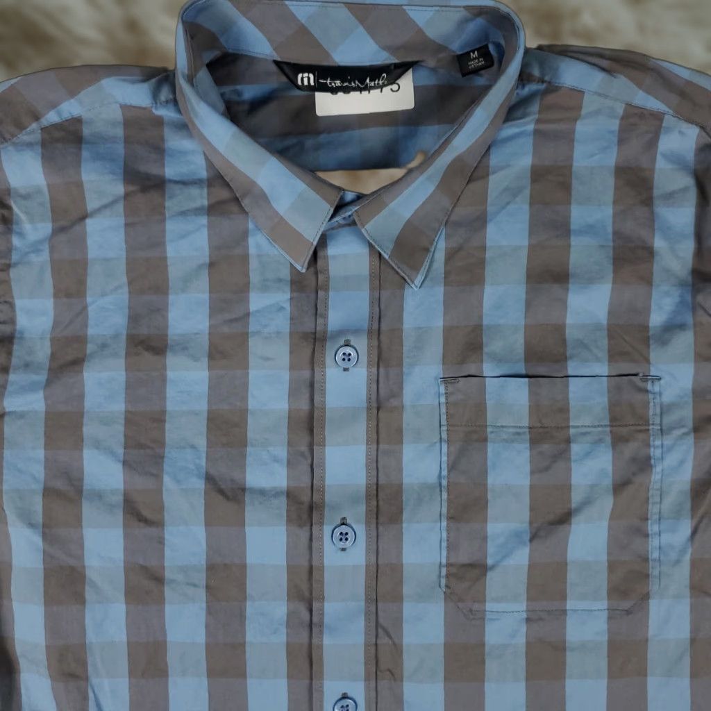 TravisMathew Travis Mathew Shirt Mens Size XL Blue Gray Check Nylon Button Up Short Sleeve Size US XL / EU 56 / 4 - 1 Thumbnail