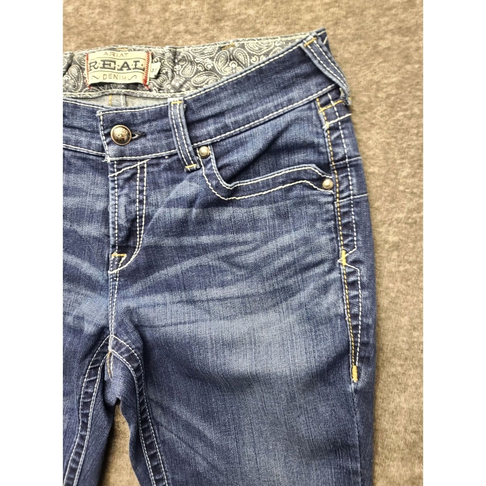 Ariat Ariat REAL Denim Jeans Womens 31 Regular Bootcut Stretch Distressed Blue 5-Pocket Inseam 30in Cowboy Horse Rodeo Model Size 24" / US 00 / IT 34 - 7 Thumbnail