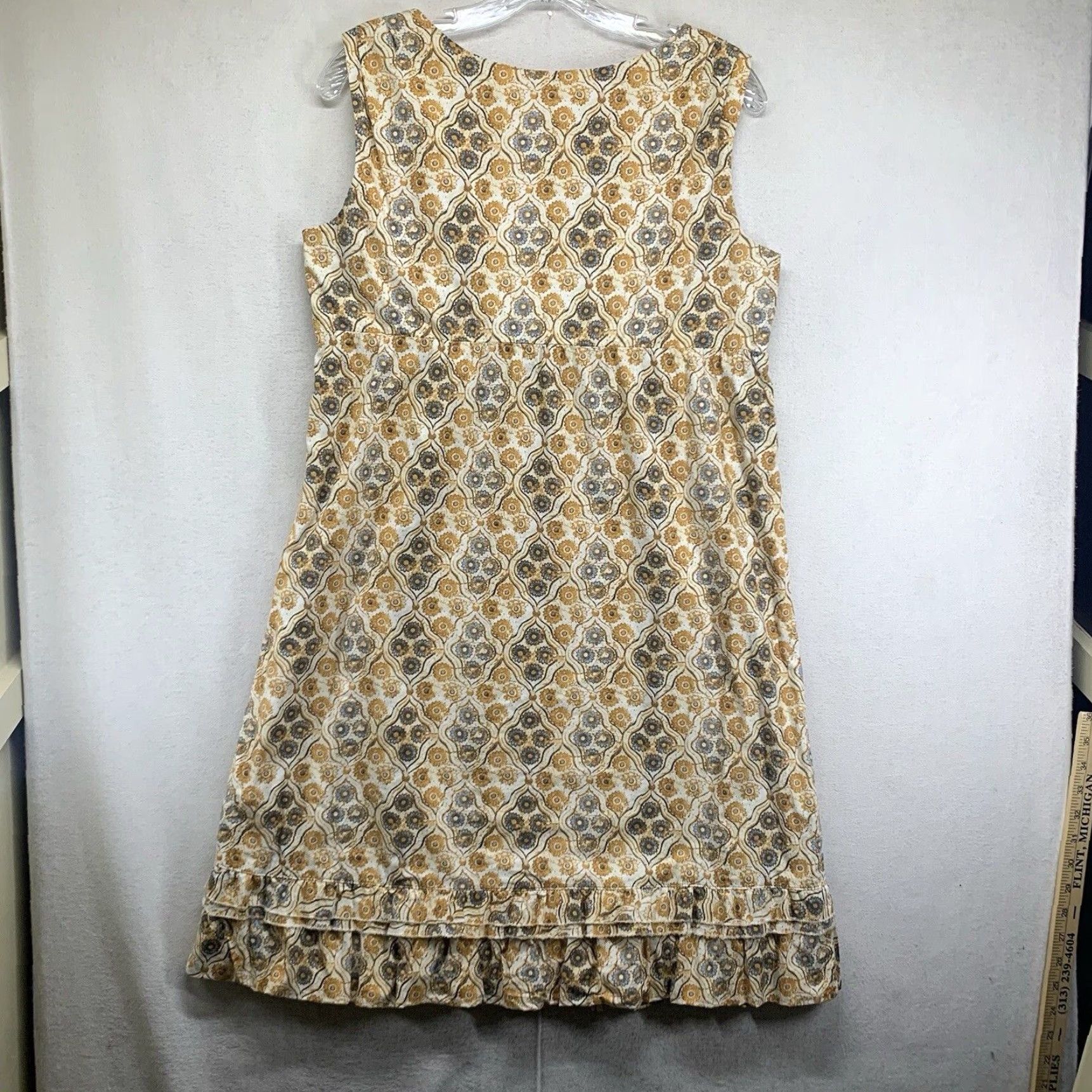 Vintage Patrick Robinson Women's Floral Midi Dress Yellow Blue Ruffle Empire Waist Stretch Cotton Blend Size M / US 6-8 / IT 42-44 - 2 Thumbnail
