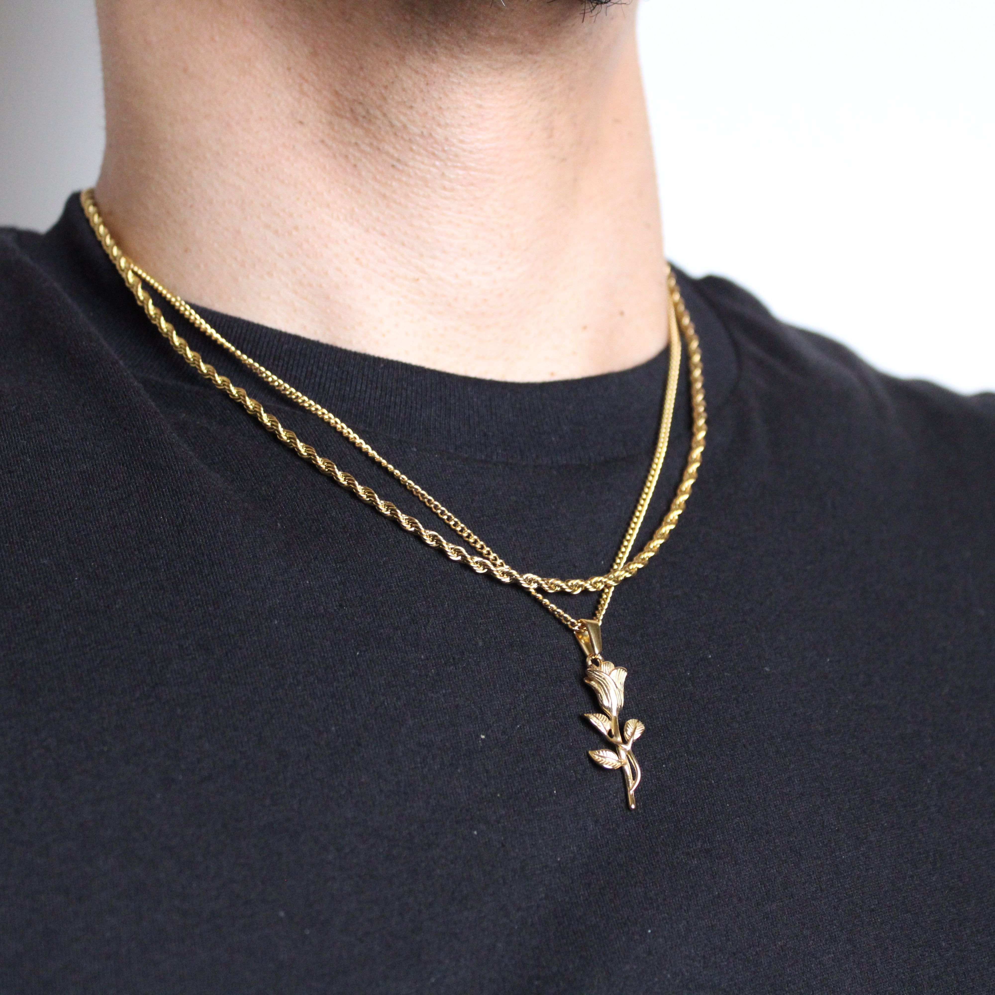 Jewelry Gold Rose Pendant Necklace + 3mm Rope Chain Set Size ONE SIZE - 3 Thumbnail