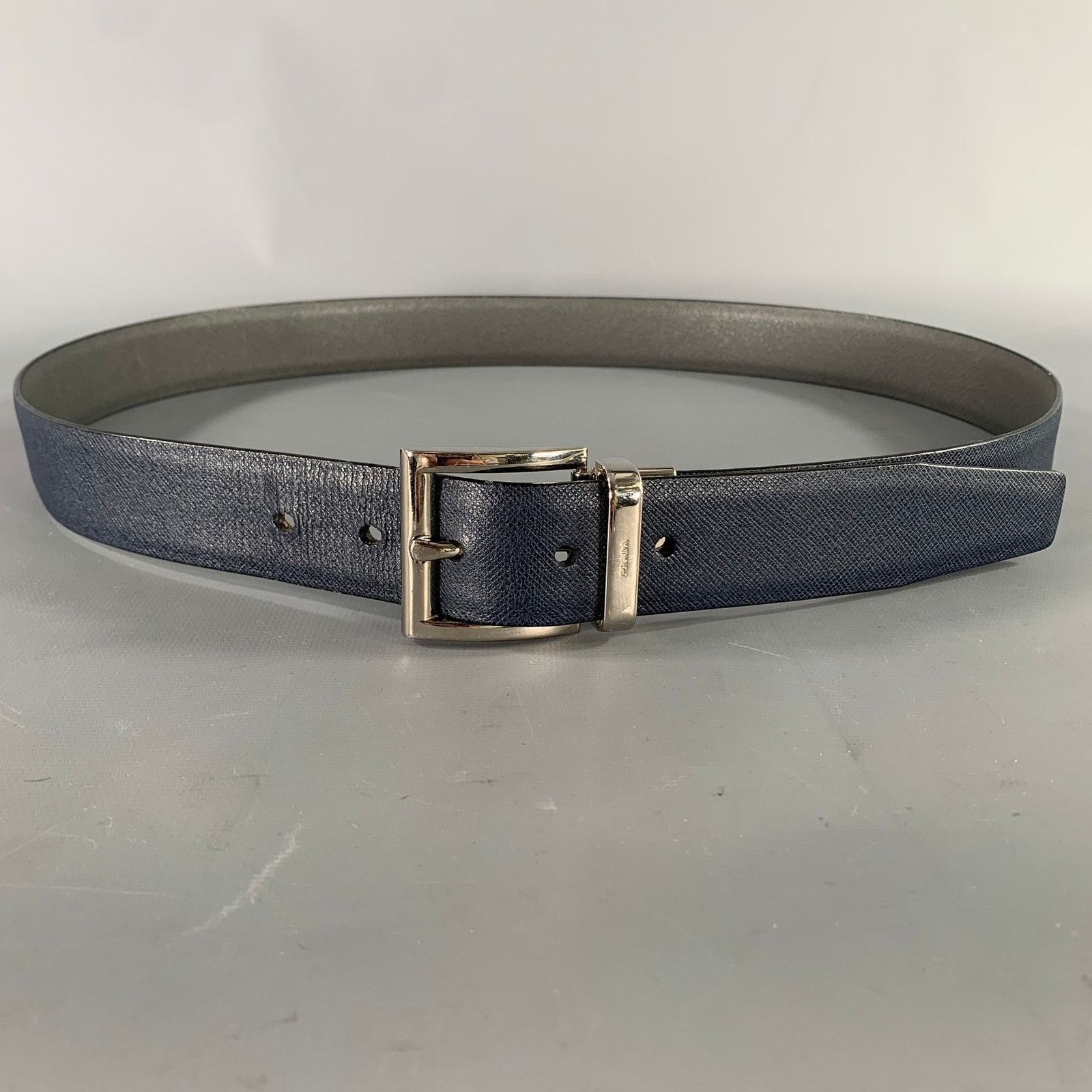 Prada PRADA Size 40 Navy Grey Crackled Leather Belt Size 40 - 1 Thumbnail