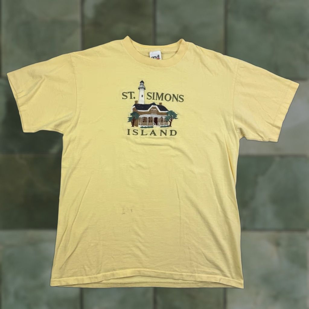 Anvil VINTAGE Anvil St Simons Island T-Shirt Adult Large Yellow Embroidered 90s Fun Mens Size US L / EU 52-54 / 3 - 1 Thumbnail