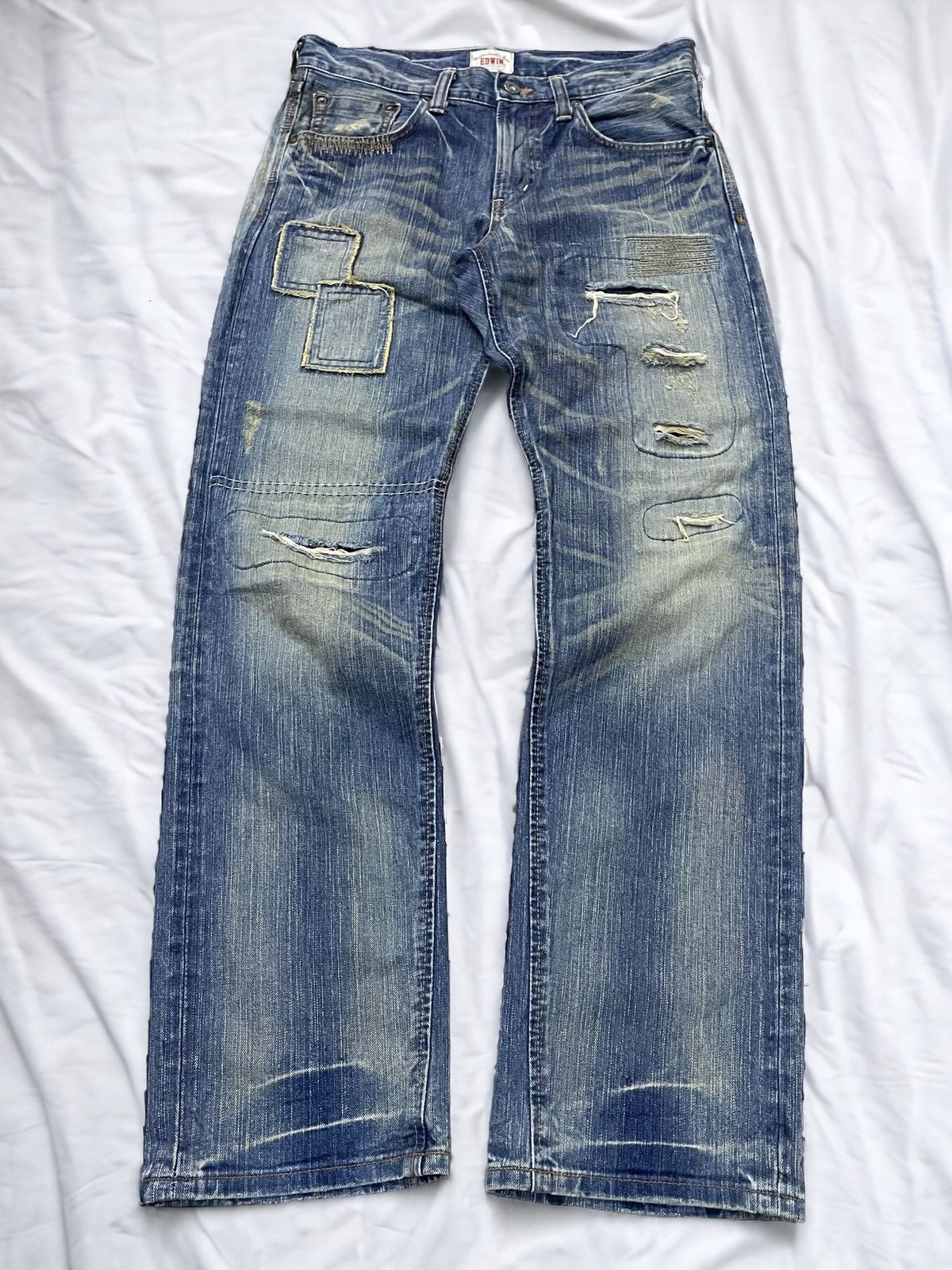 Edwin × Hysteric Glamour Vintage Edwin 403XV Patchwork Zig Zag Distressed Jeans Size US 32 / EU 48 - 1 Thumbnail