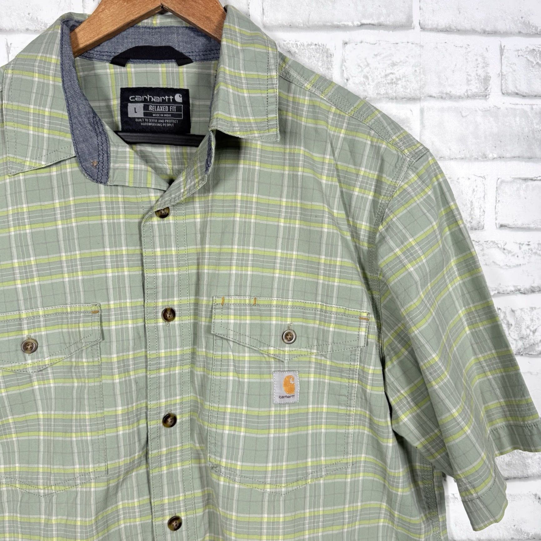 Carhartt Carhartt Shirt Mens Size L Green Plaid Short Sleeve Button-Down Button-Up Regular Fit Size US 33 - 2 Thumbnail