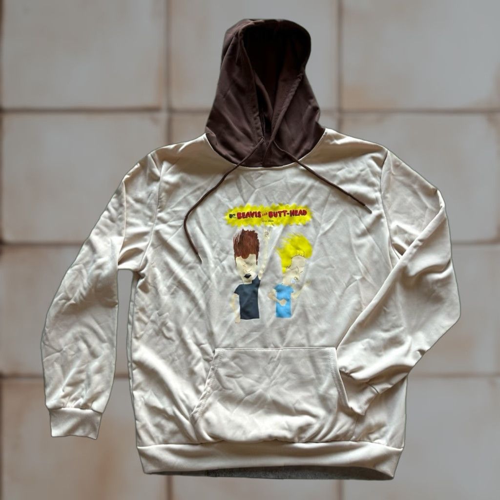 Vintage Beavis And Butthead Hoodie XL Beige Cotton Polyester Pullover Hooded Graphic Print Logo 80s 90s Cartoon Unisex Adults Mens Womens Size US XL / EU 56 / 4 - 1 Thumbnail