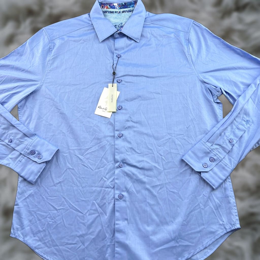 Robert Graham Robert Graham Rutherford Mens Button Up Shirt Large Light Blue Flip Cuff Shirt Mens Blue Button-Up Casual Cotton Canvas Slim Knit? Size US L / EU 52-54 / 3 - 1 Thumbnail