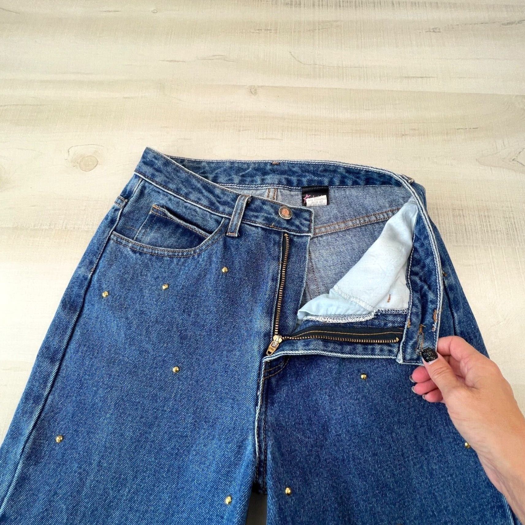 Vintage VINTAGE Frederick's of Hollywood Women Mom Jeans 7 Juniors High Waist Blue Gold Beads Size 28" / US 6 / IT 42 - 3 Thumbnail