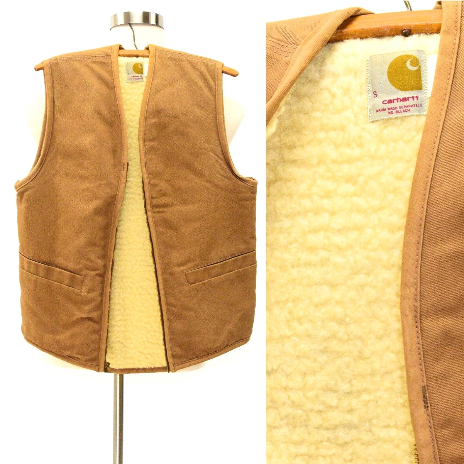 image of 80's Vintage Mens S Carhartt Sherpa Lined Duck Cotton Vest in White (Size Small)