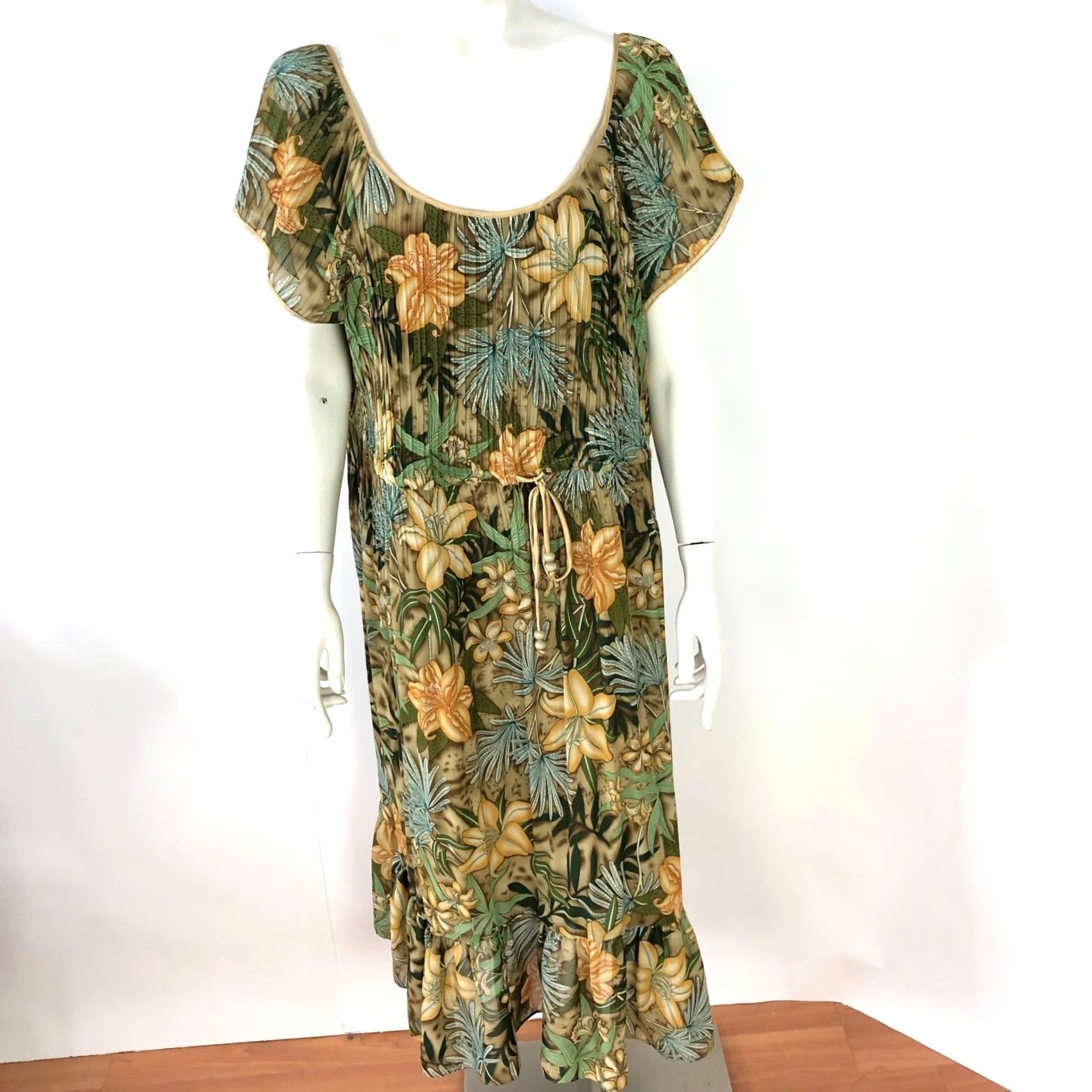 Vintage Dressbarn Dress 18 Cottage Core Ruffled Pleated Midi Knee Dress Green Brown Women's Midi Dress Casual Party/Cocktail Size XXL / US 16-18 / IT 52-54 - 2 Thumbnail