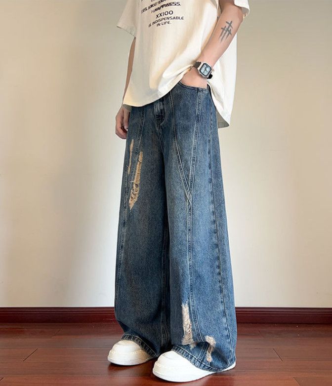Japanese Brand Men's ripped loose-fitting casual patchwork washed jeans Size US 32 / EU 48 - 4 Thumbnail