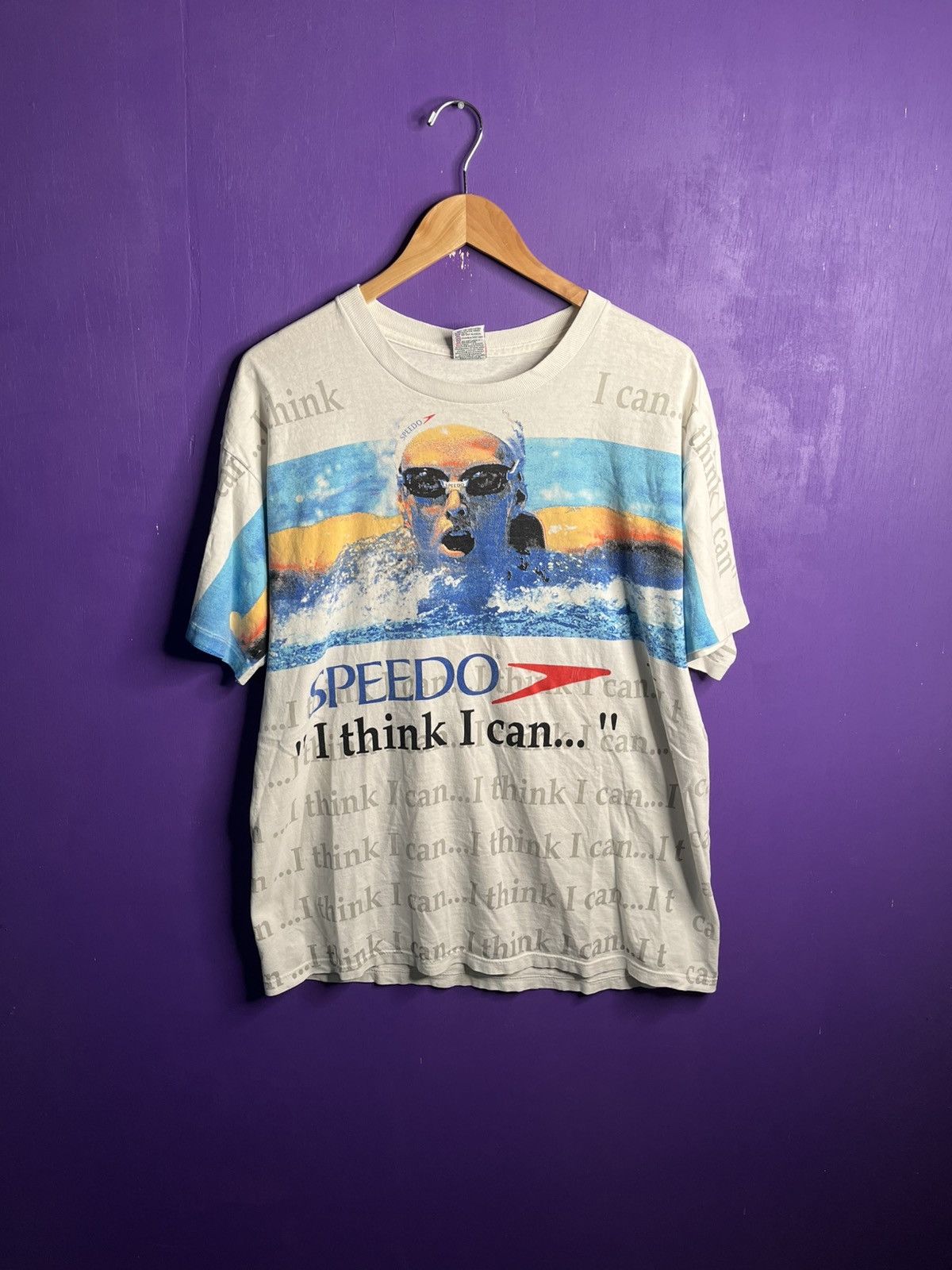 Speedo × Vintage Vintage 90s Speedo i think I can swimming AOP t-shirt Size US L / EU 52-54 / 3 - 1 Thumbnail