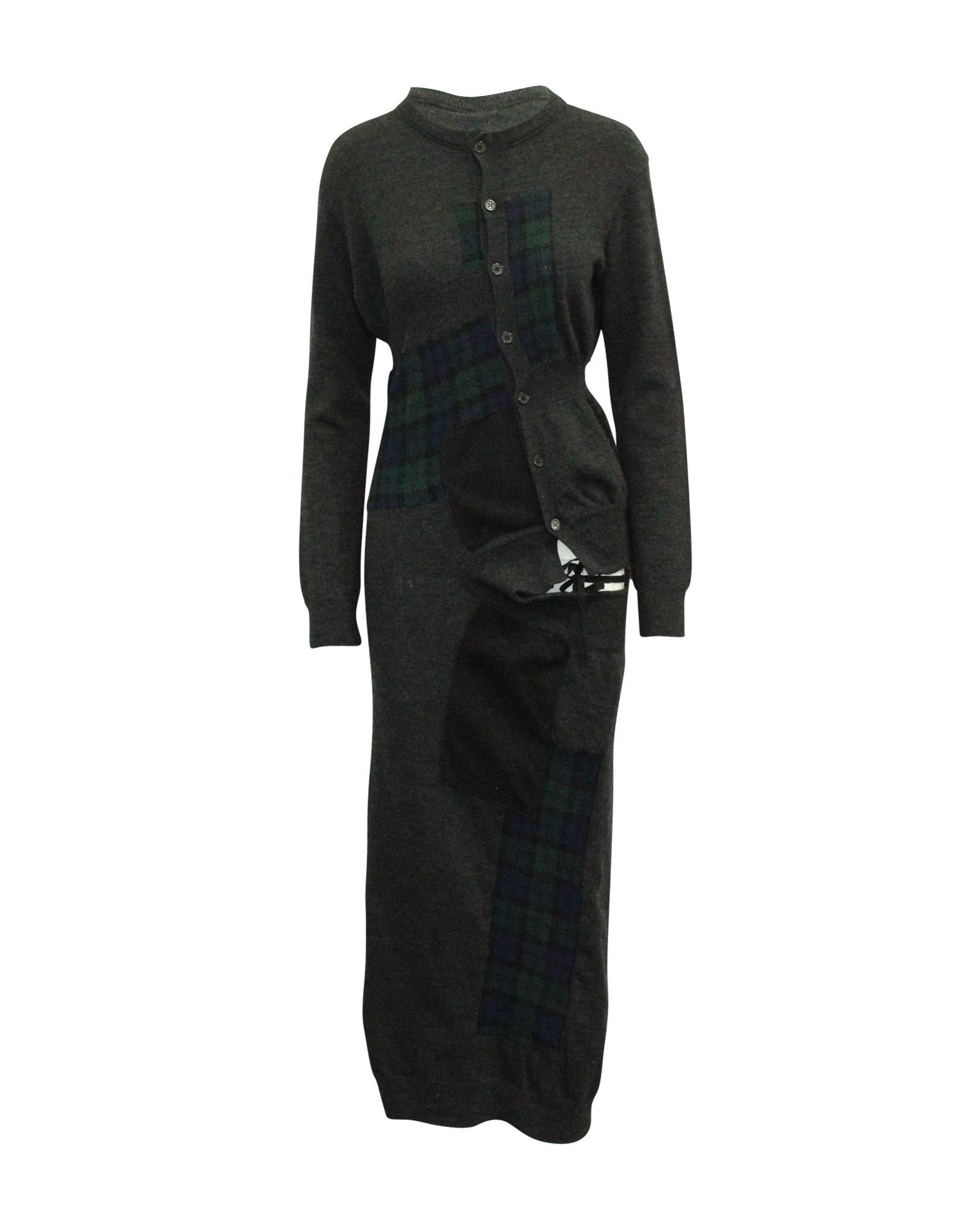 image of Yohji Yamamoto Contrast Patch Knit Midi Dress In Charcoal Grey Wool, Women's (Size Small)