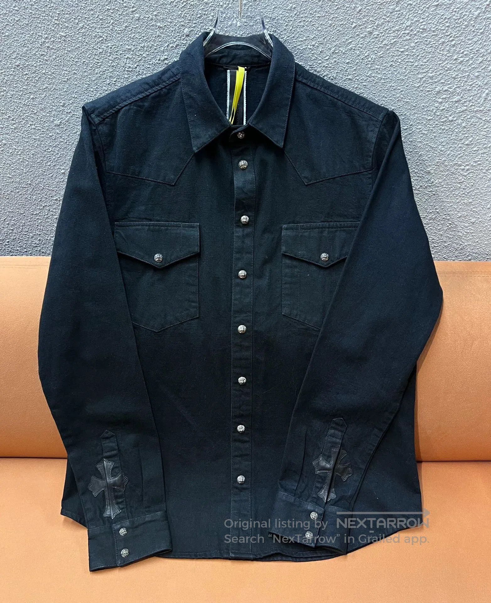 最終値下げCHROME HEARTS FLEUR DRESS SHIRT Chrome Hearts Olive & Black Leather Fleur Patch Button Up Shirt