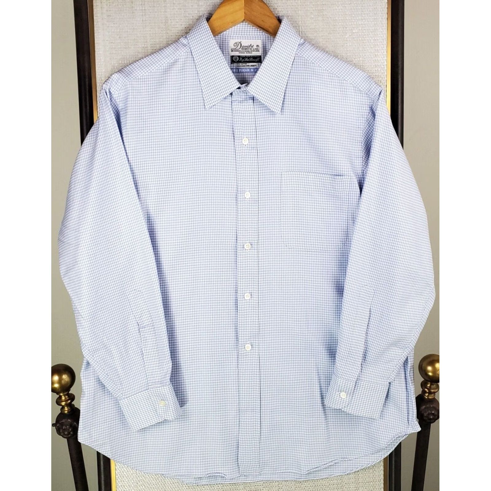 Loro Piana VINTAGE Loro Piana Mens Button-Up Shirt Houndstooth Twill Blue 17/32 Size US XL / EU 56 / 4 - 4 Thumbnail