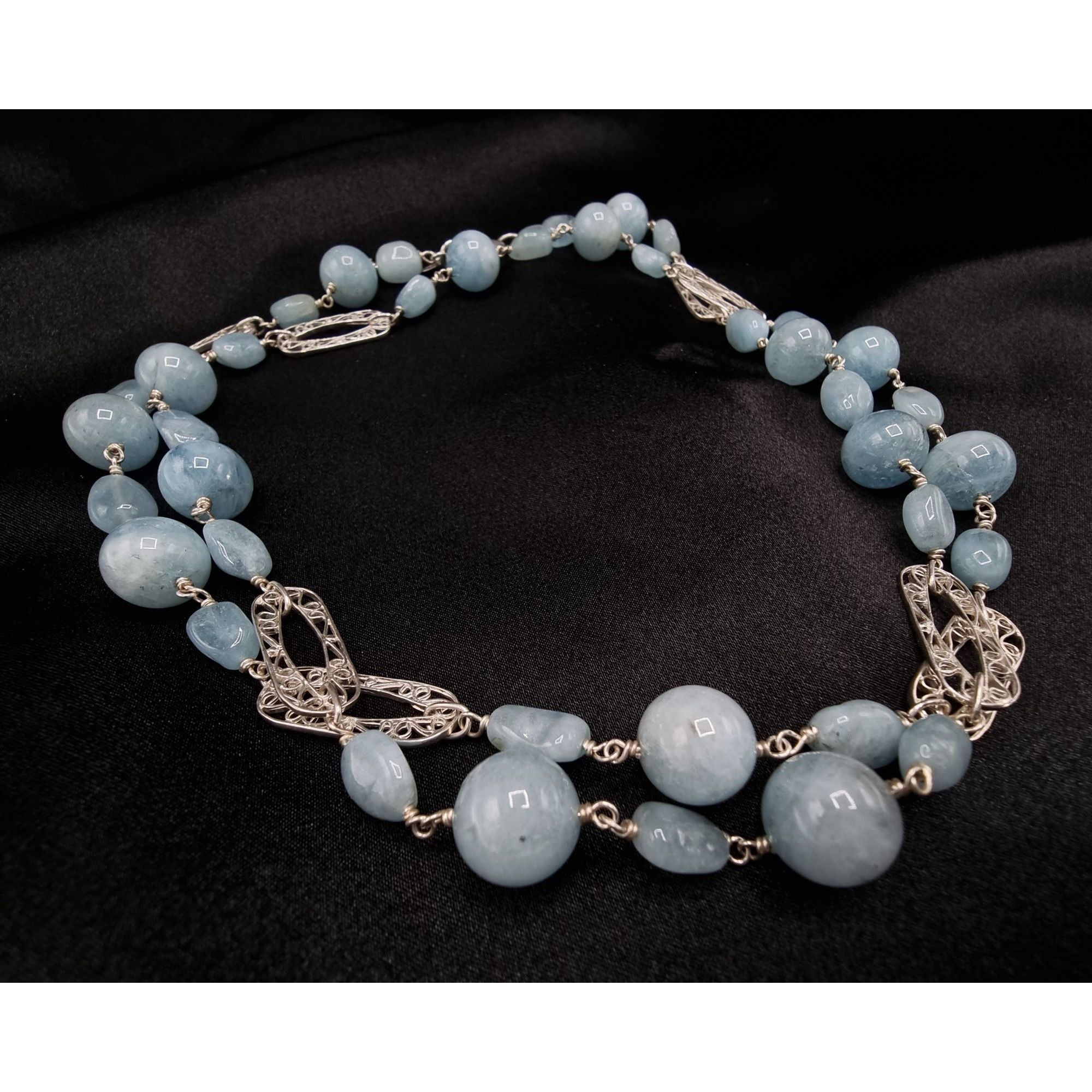 Vintage 925 Sterling Silver Aquamarine Beaded Necklace Signed BJ Chi Size ONE SIZE - 4 Thumbnail