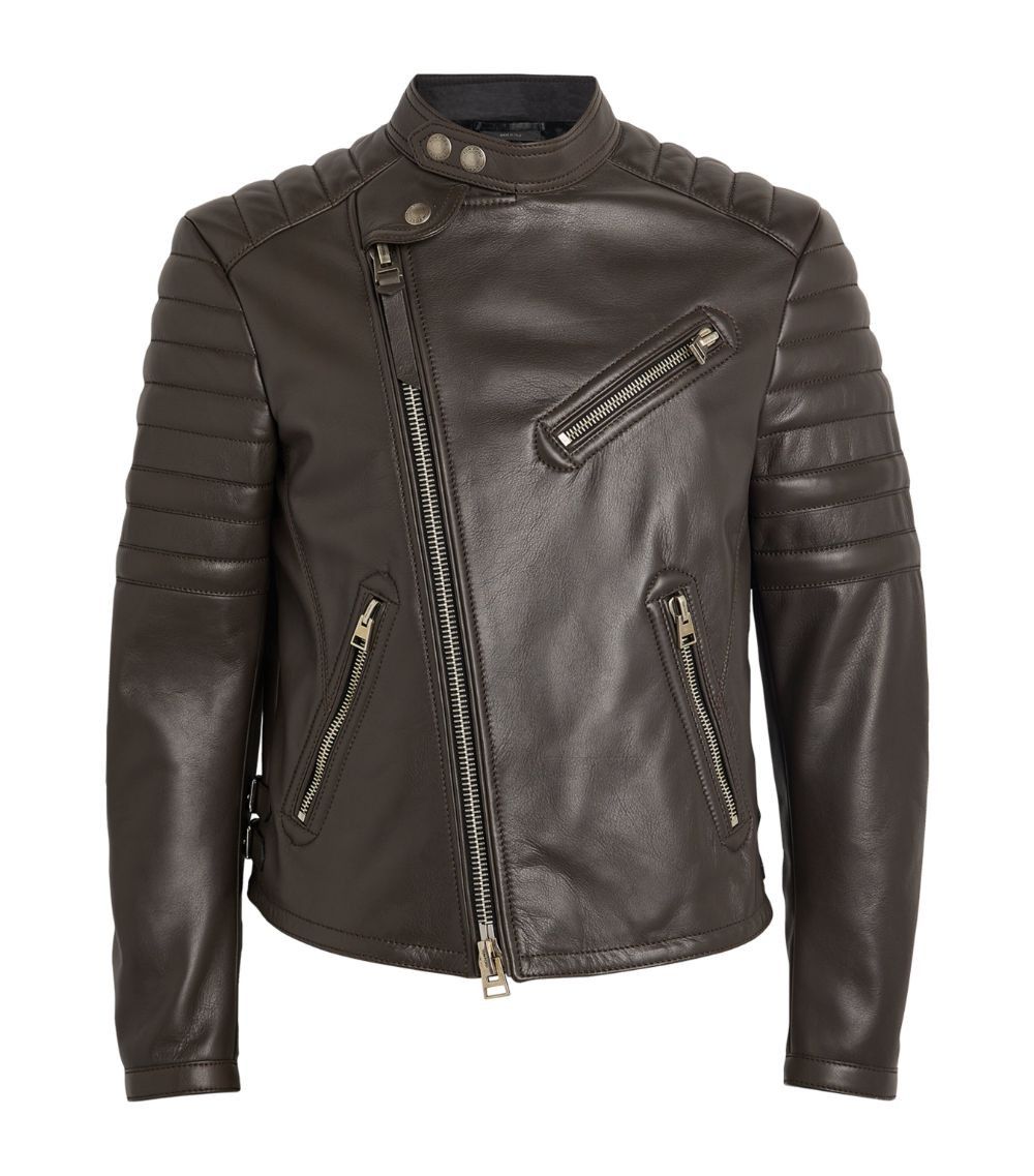 image of Tom Ford O1W1Db10124 Leather Icon Biker Jacket In Dark Brown, Men's (Size Medium)