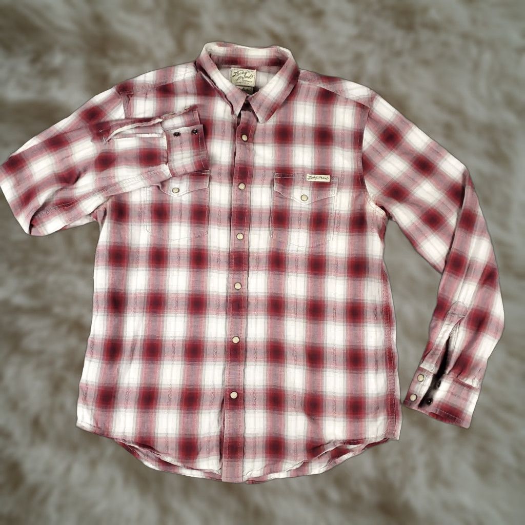 Lucky Brand Shirt Mens M Red Plaid Western Pearl Button Long Sleeve Casual Formal Workwear Shirt