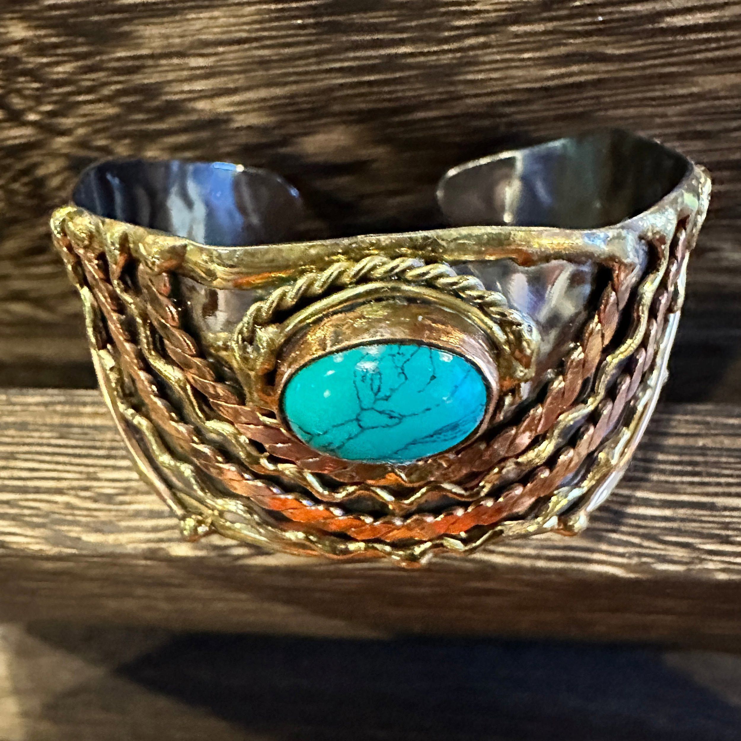 Other Turquoise Stone Cuff Bracelet - Handcrafted Adjustable Desig Size ONE SIZE - 2 Thumbnail