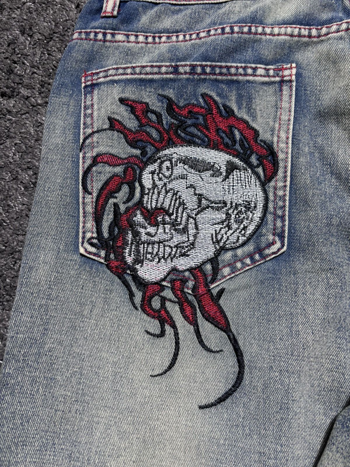 JNCO Vintage rare fire skulls embroidered gray blue baggy jeans Size US 33 - 8 Thumbnail