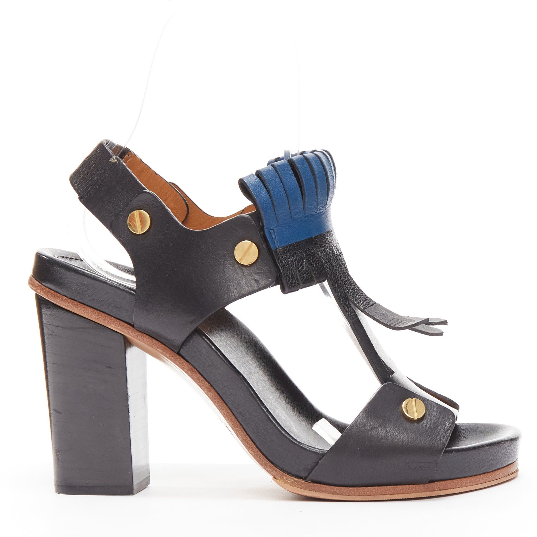 image of Chloe Black Blue Fringe Detail Gold Nail Grommet Block Heel Shoes Sandal Eu37, Women's