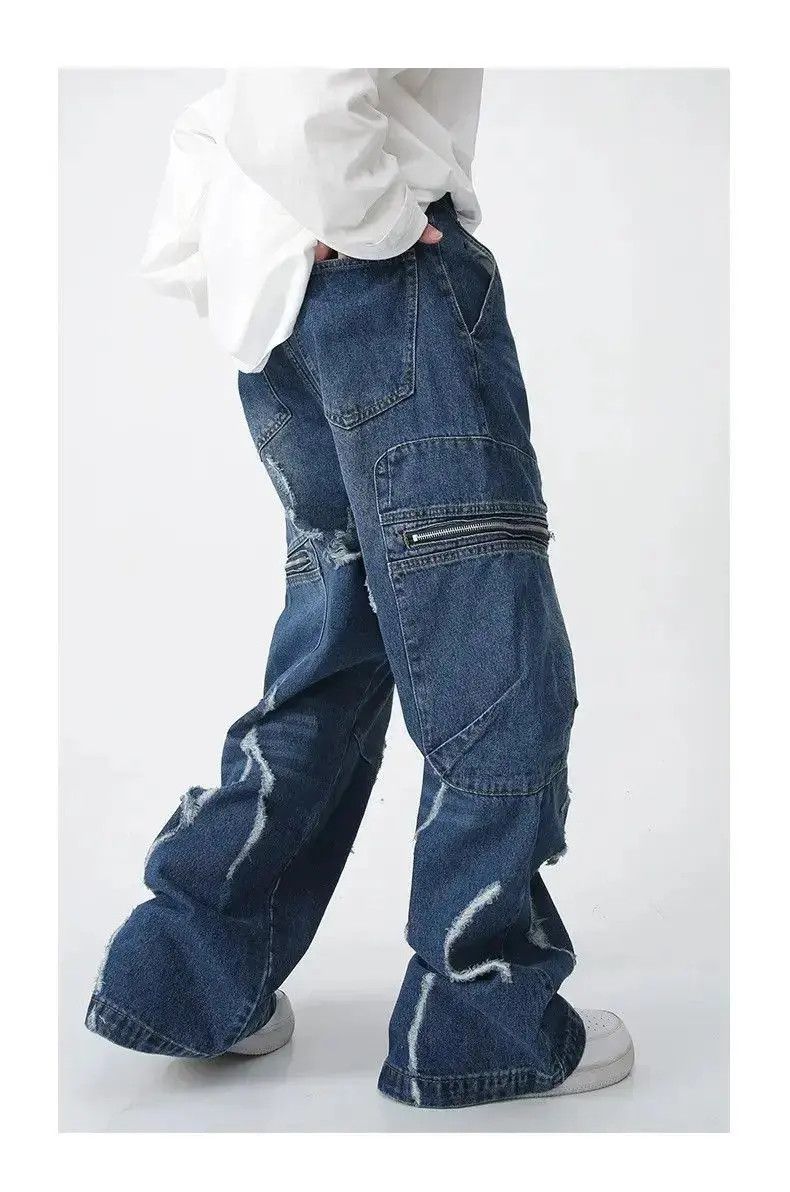 Japanese Brand Baggy Ripped Jeans Frayed Zipper Pockets cargo Pants Hip-hop Size US 32 / EU 48 - 5 Thumbnail
