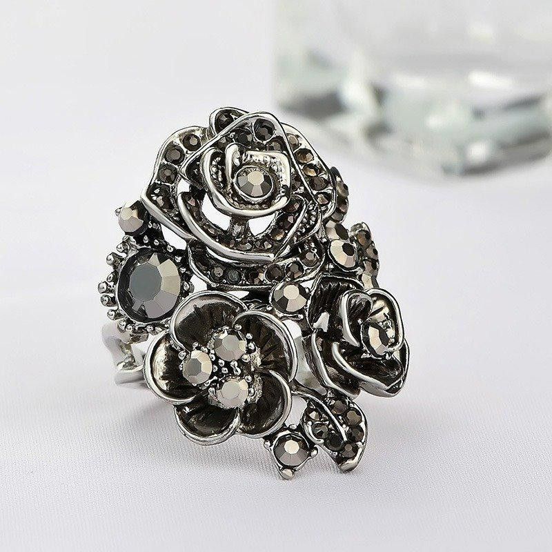Designer 28mm Vintage Black Rose Ethnic Antique Silver Ring - Size 6 Size ONE SIZE - 2 Thumbnail
