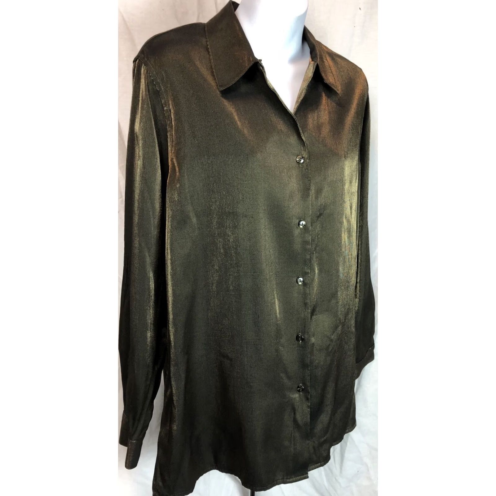 Vintage VINTAGE Jaclyn Smith Button-Up Top Blouse 8 Gold Sparkle Long Sleeve Collared Fairy 90s Women's Clothing Size M / US 6-8 / IT 42-44 - 3 Thumbnail