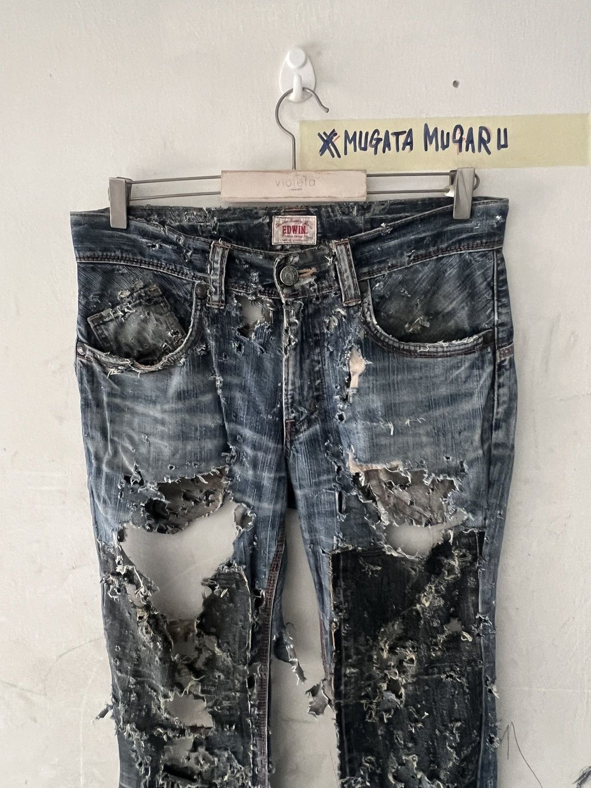 Japanese Brand MUGATAMUGARU THRASHED🔥EDWIN FLARE RIPPED DENIM PANT Size US 32 / EU 48 - 8 Thumbnail