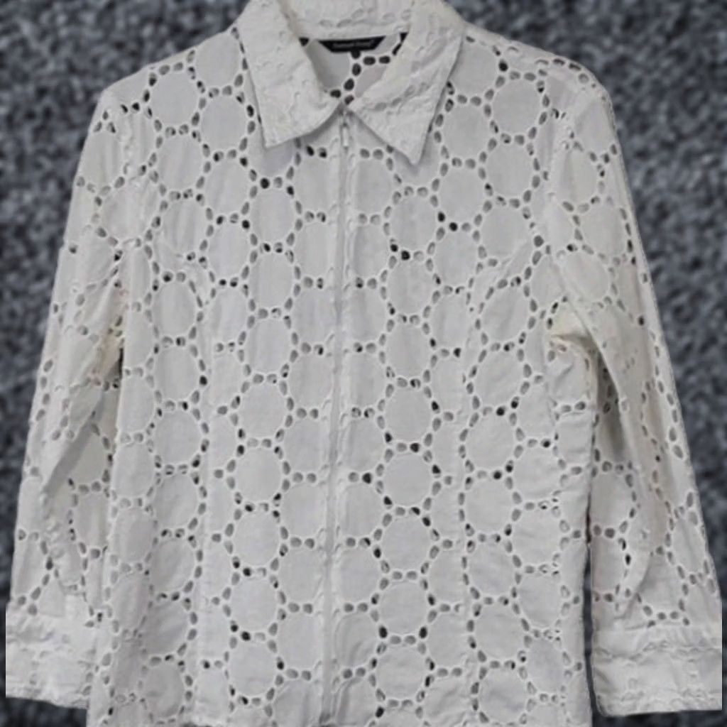 Vintage Samuel Dong Jacket Medium White Eyelet Zipper Front Wearable Art Classic Womens Size M / US 6-8 / IT 42-44 - 1 Thumbnail