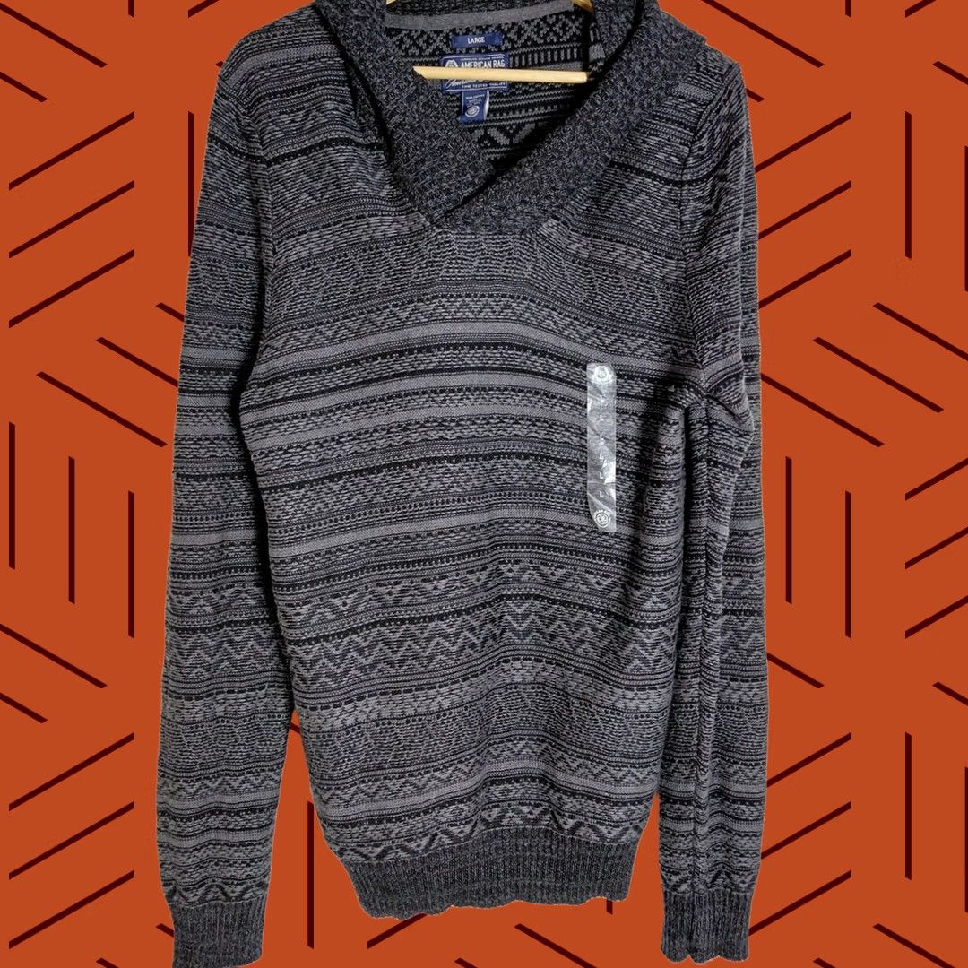 Vintage American Rag Sweater Gray Patterned Knit 100% Cotton V-Neck Long Sleeve Size L Men Size US L / EU 52-54 / 3 - 1 Thumbnail