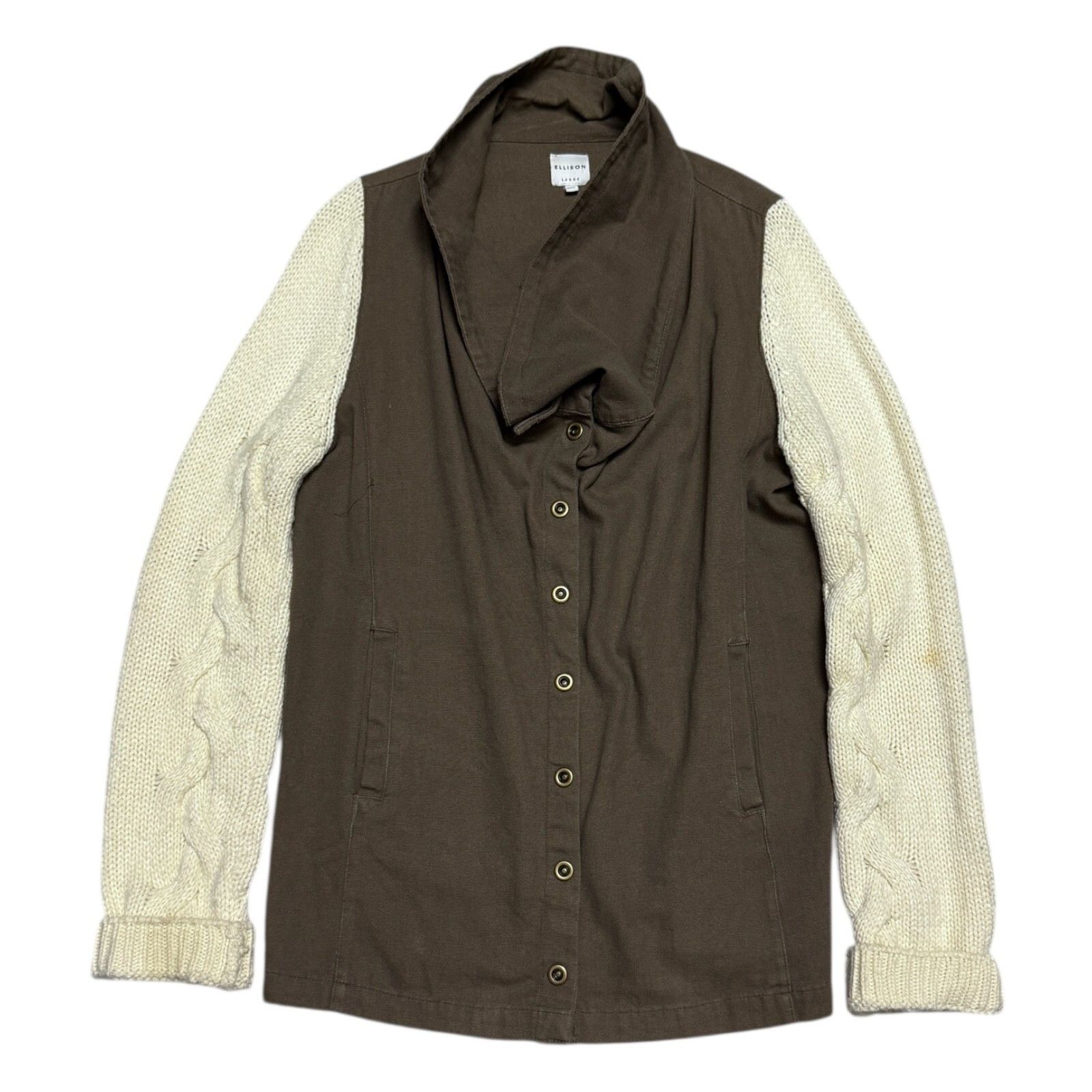 Designer ELLISON Khaki Knit Sleeve Casual Sweater Jacket Shacket L Size L / US 10 / IT 46 - 1 Thumbnail