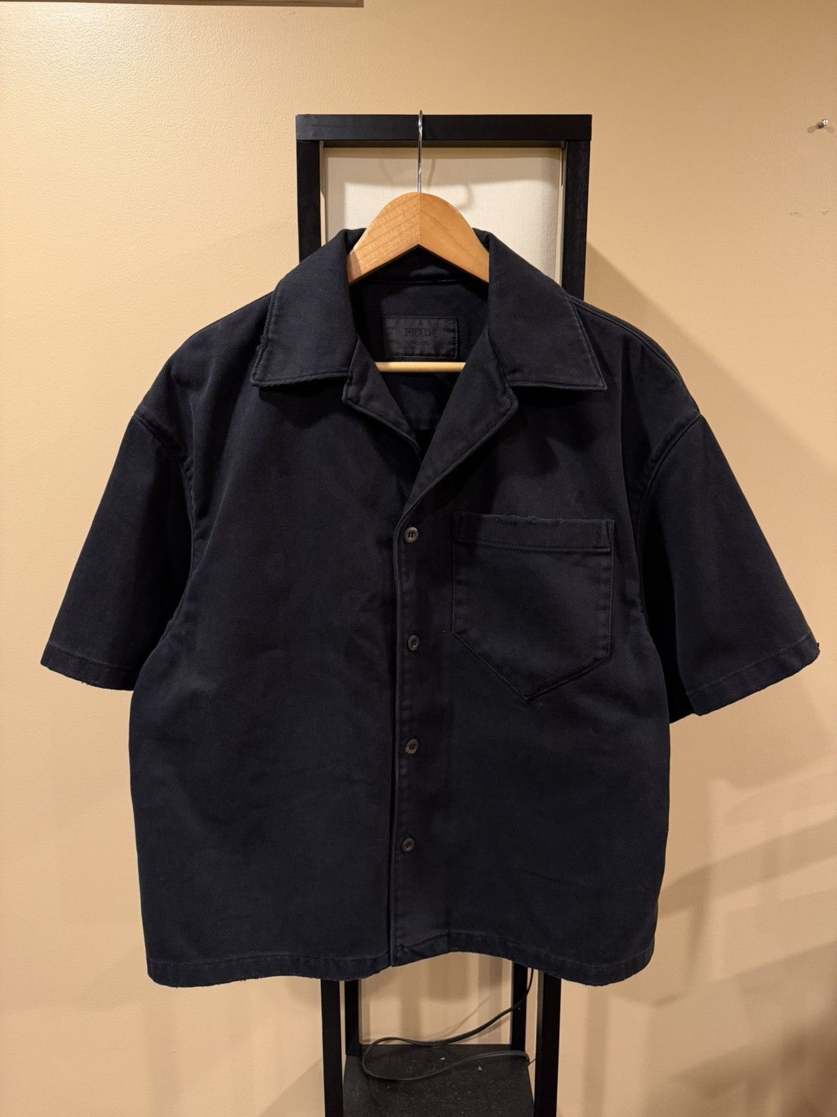 Prada Prada Black Denim Distressed Back Logo Button Bowling Shirt Size US M / EU 48-50 / 2 - 2 Thumbnail