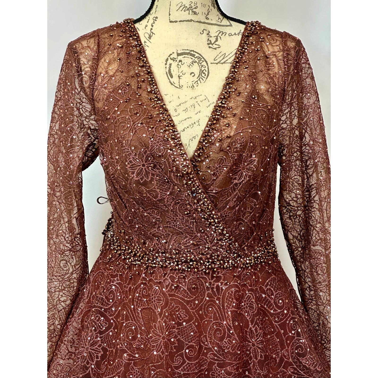Other Mac Duggal Embellished Illusion V-Neck Gown Chocolate 12 Size XL / US 12-14 / IT 48-50 - 15 Thumbnail
