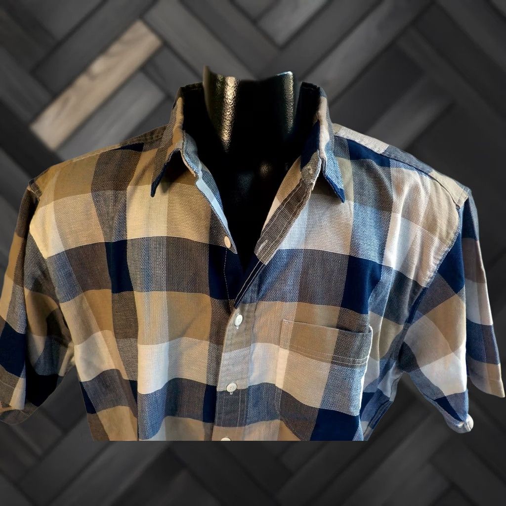 Vintage VINTAGE LL BEAN Cool Weave Short Sleeve Plaid Shirt Cotton Blue/Beige SZ L Shirt Men Long? Size US L / EU 52-54 / 3 - 1 Thumbnail