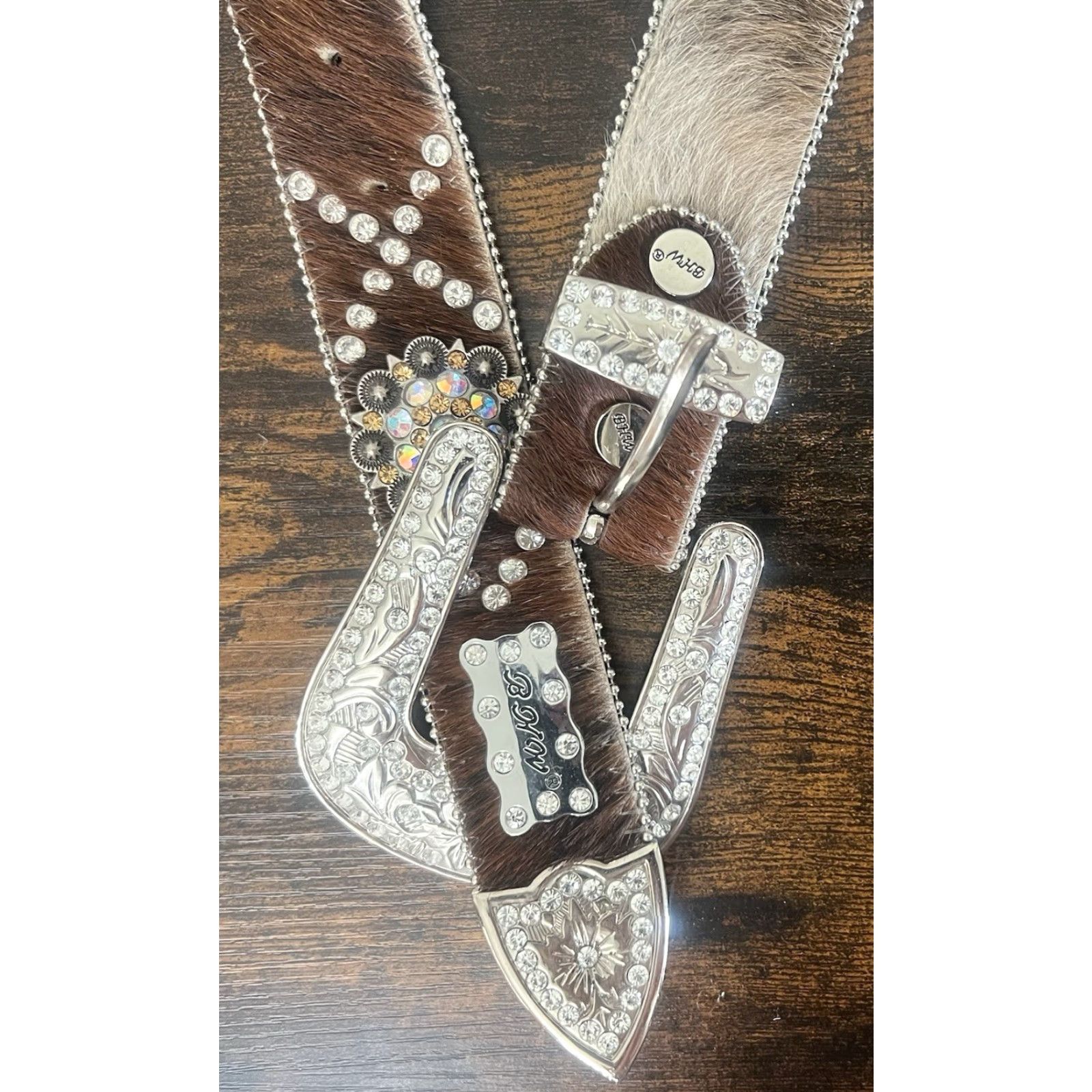 Vintage BHW Bling Rhinestones Leather Hair On Western Cowgirl Belt S/M Women Belt White & Brown Hair On Leather Rhinestone Bling Accent Size ONE SIZE - 3 Thumbnail