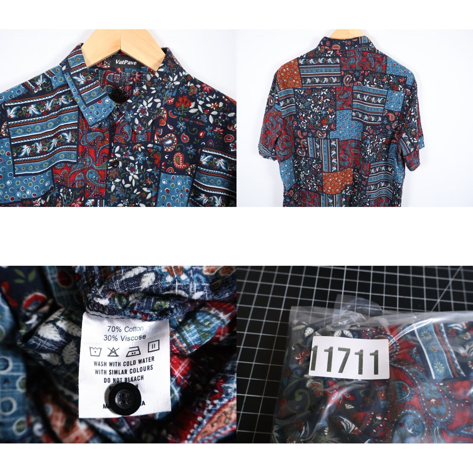 Vintage VatPave Shirt Men XL Red Blue Paisley Patchwork Bandana Cotton Viscose Button-Up Short Sleeve Bohemian Hippie Retro Size US XL / EU 56 / 4 - 8 Thumbnail